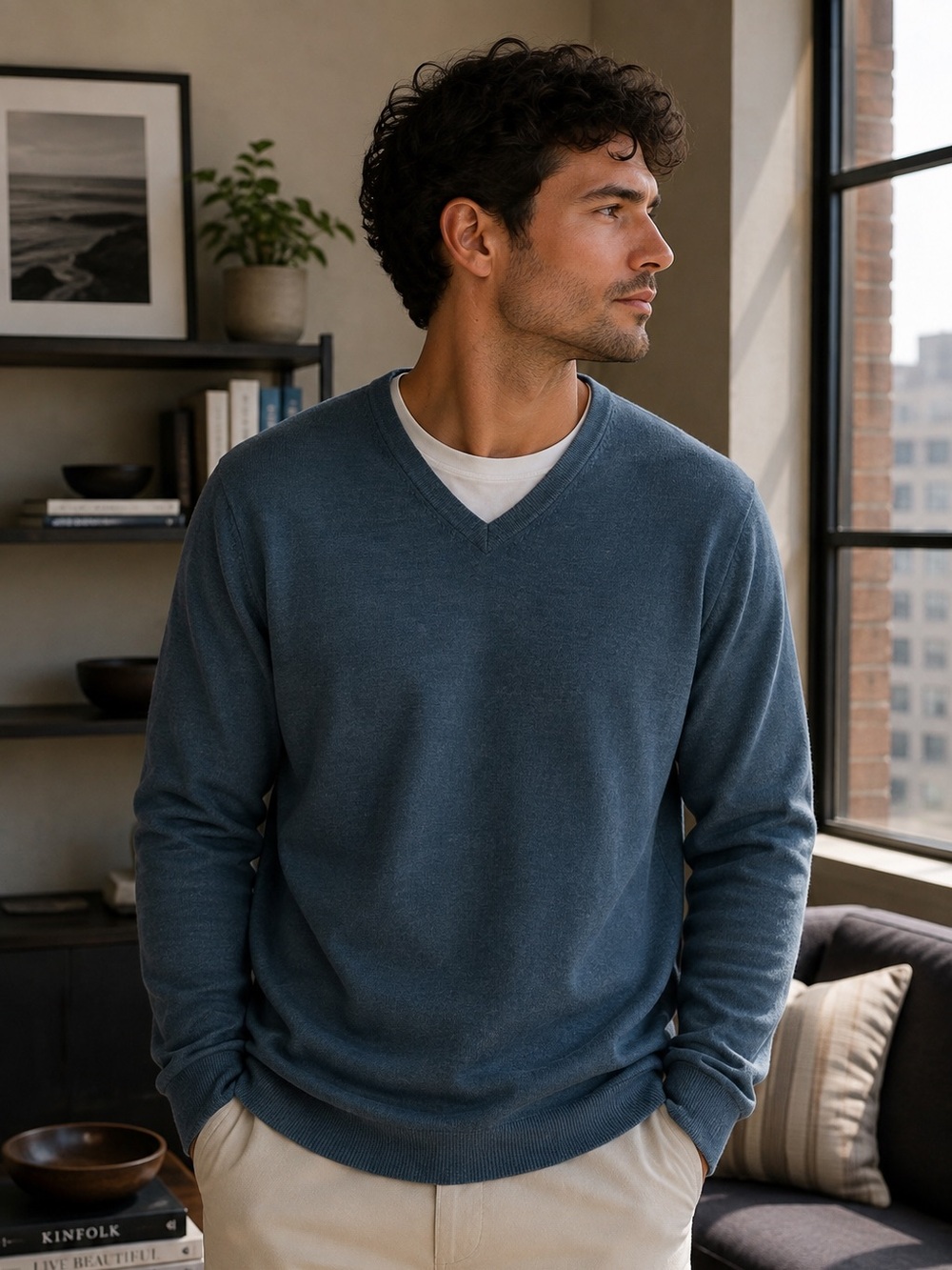 Lands’ End Supima Cotton V-Neck Sweater Blue XL